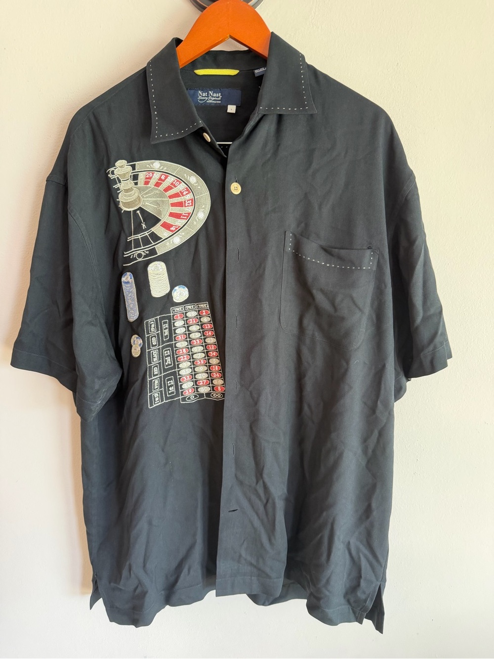 Nat Nast Black Shirt with Red and Silver Casino Print